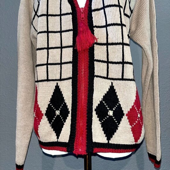 Vintage 70's 80's BOUNDARY WATERS Argyle Zip Up Padded Shoulder Cardigan Sweater - Picture 4 of 10